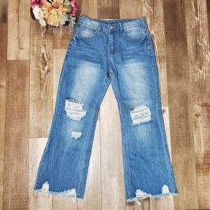 Blue Flare Wide Leg Cropped Jeans with Cutoff Distressed Hem Size Medium NWOT